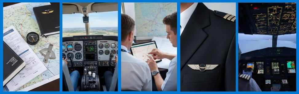 A photo strip showing the pilot's journey: study, training cockpit, briefing, uniform, and airliner